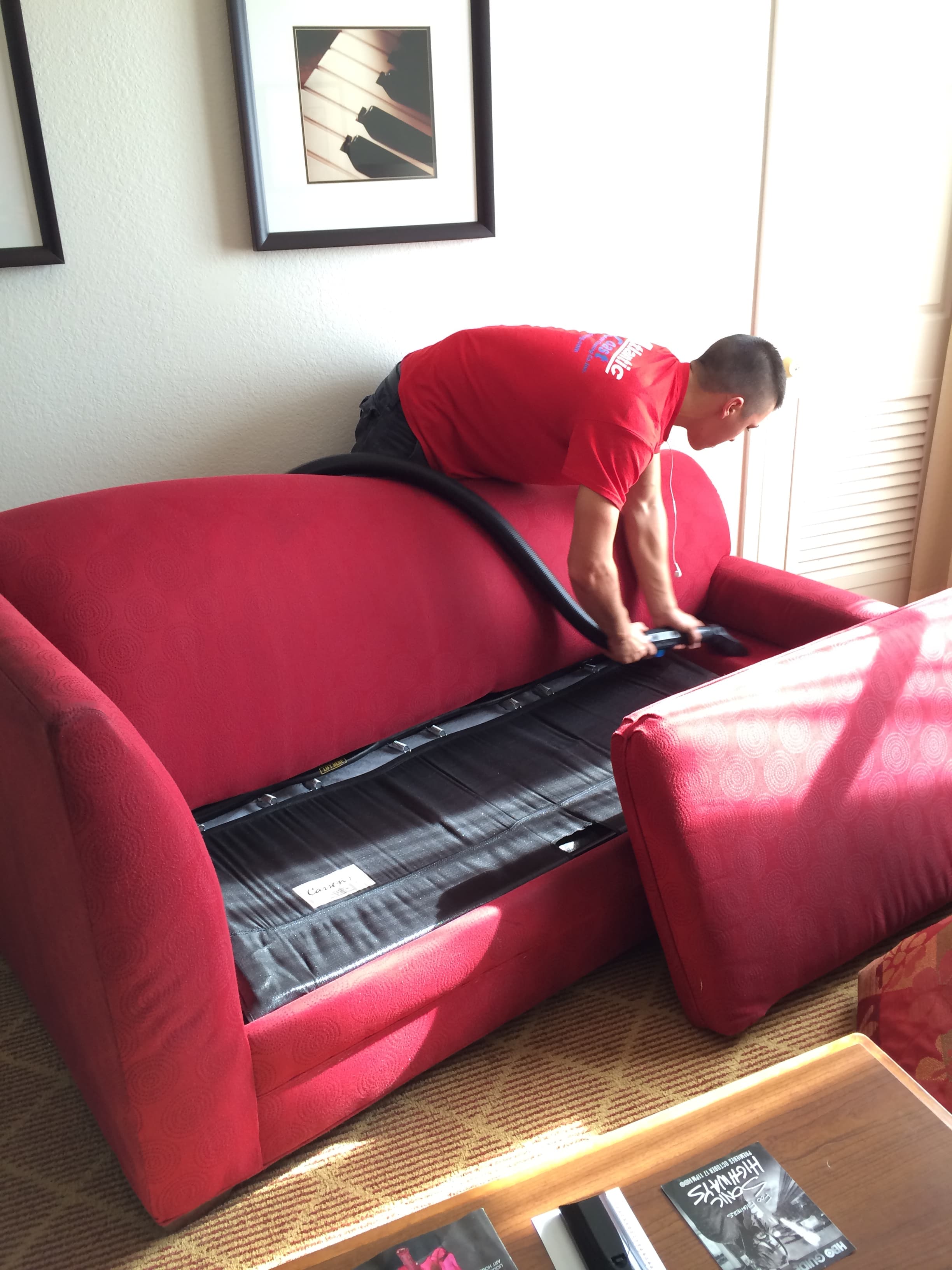 Commercial upholstered furniture being professionally cleaned